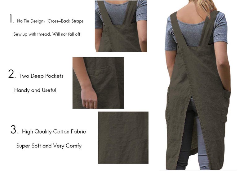 Larmliss Womenâ€™s Pinafore Square Apron Baking Cooking Gardening Works Cross Back Cotton/Linen Blend Dress with 2 Pockets - Image 3